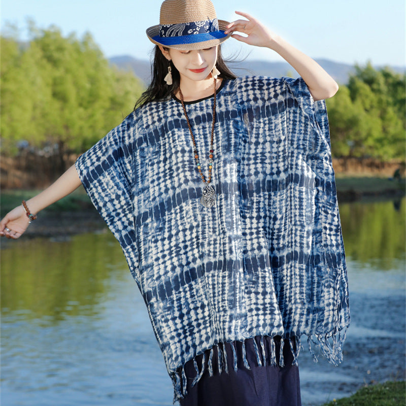 Tie-dye printed ethnic style shawl, retro cape, thin tassels, blouse and scarf