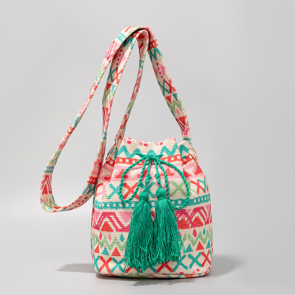 Temperament ethnic style bucket bag cloth bag travel tassel crossbody bag large capacity